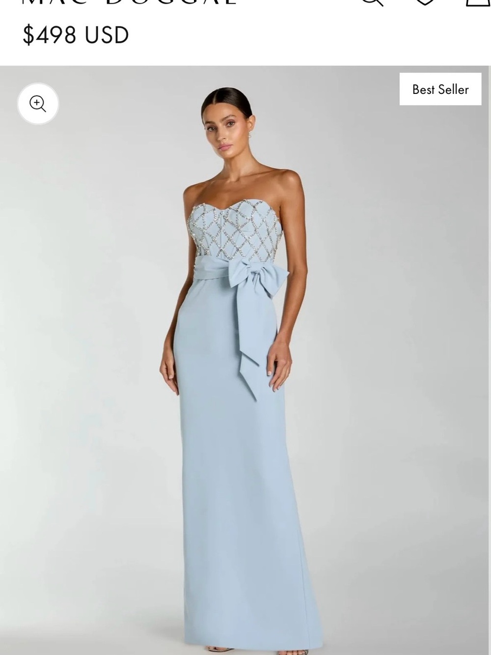 Mac Duggal Crepe Strapless Pale Blue Beaded Bodice Gown with Side Bow